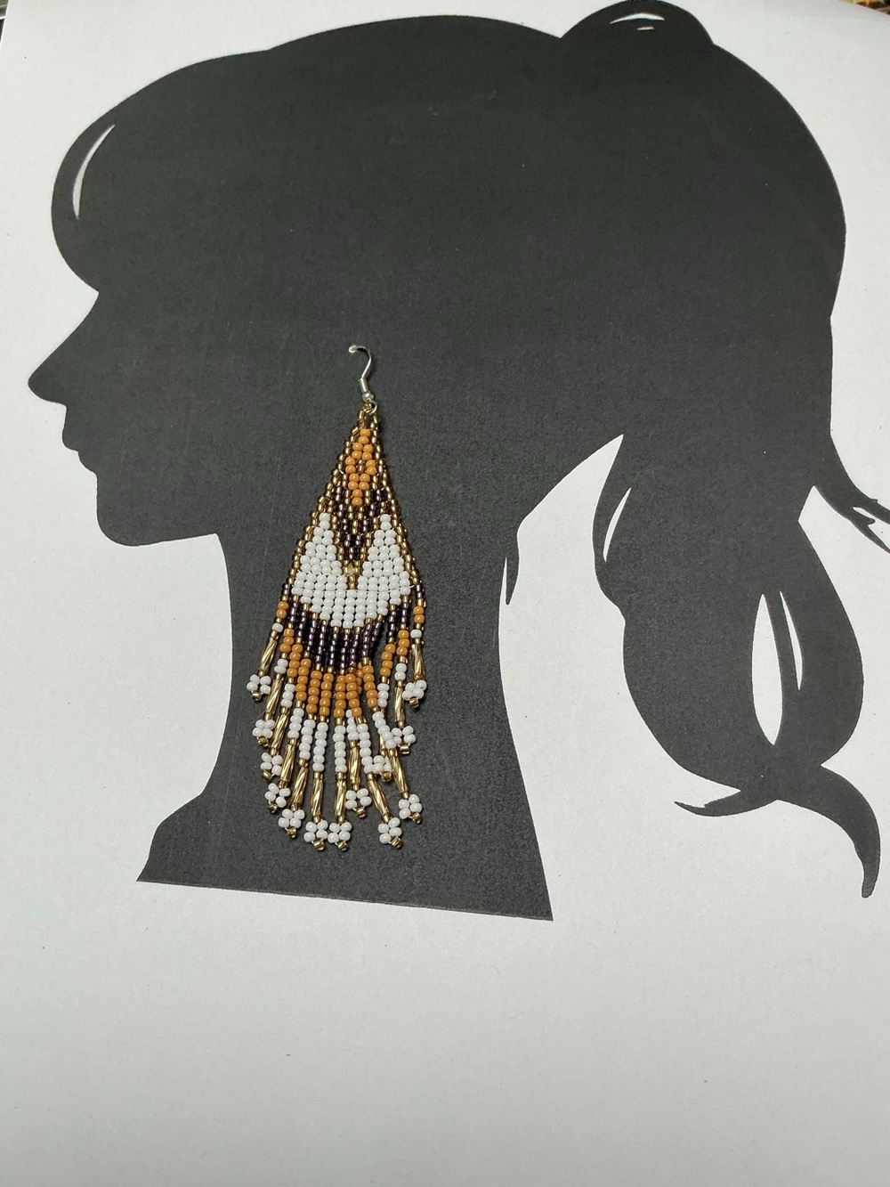Handmade Beaded Fringe Earrings in White, Gold & Brown